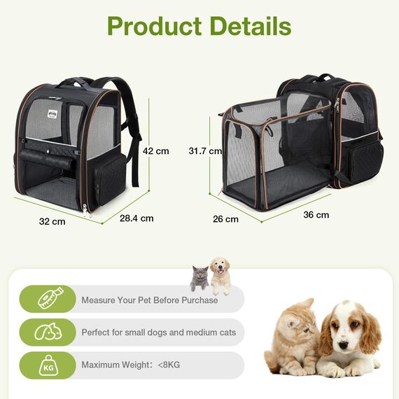 Lekespring Erweiterbar Katzenrucksack Hunderucksack für Katzen Hunde bis 8kg, Groß Katzen Rucksack Faltbare Haustier Rucksack, Schwarz