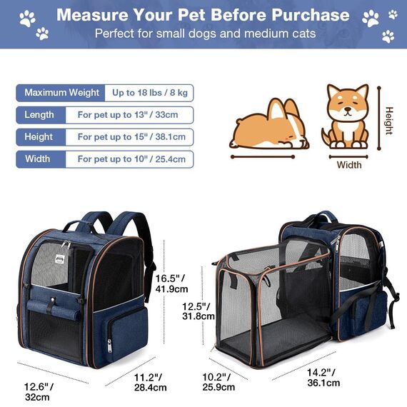Lekespring Erweiterbar Katzenrucksack Hunderucksack für Katzen Hunde bis 8kg, Groß Katzen Rucksack Faltbare Haustier Rucksack mit Innerer Sicherheitsleine und Haustiermatte, Blau