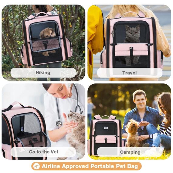 Lekespring Katzen Rucksack Hunderucksack für Große Katzen Hunde bis 12kg, Erweiterbar Faltbare Haustier Rucksack mit Innerer Sicherheitsleine und Haustiermatte, Rosa -XL