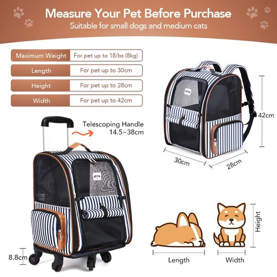 Lekespring Hunderucksack Katzenrucksack mit Trolley 2 in 1 bis 8 kg, Faltbare Hunderucksack Große Transportbox für kleine Hunde, Blau Gestreift-L