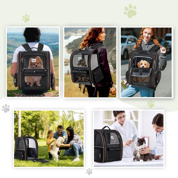 Lekespring Erweiterbar Katzenrucksack Hunderucksack für Katzen Hunde bis 8kg, Groß Katzen Rucksack Faltbare Haustier Rucksack, Schwarz