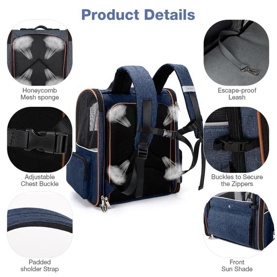 Lekespring Erweiterbar Katzenrucksack Hunderucksack für Katzen Hunde bis 8kg, Groß Katzen Rucksack Faltbare Haustier Rucksack mit Innerer Sicherheitsleine und Haustiermatte, Blau