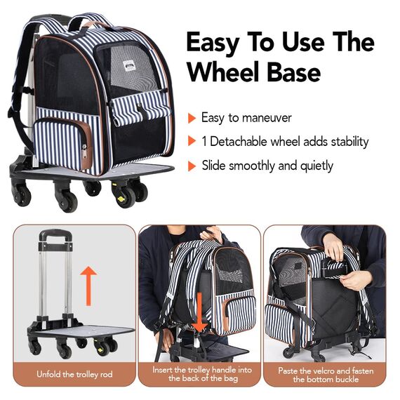 Lekespring Hunderucksack Katzenrucksack mit Trolley 2 in 1 bis 8 kg, Faltbare Hunderucksack Große Transportbox für kleine Hunde, Blau Gestreift-L
