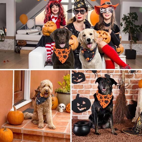 Vivifying Halloween Halstuch Hund, 2Pcs Einstellbare Dreieck Hundehalstuch mit Hexe Kürbis-Muster, Hundekostüm Halloween für kleine mittlere große Hunde L