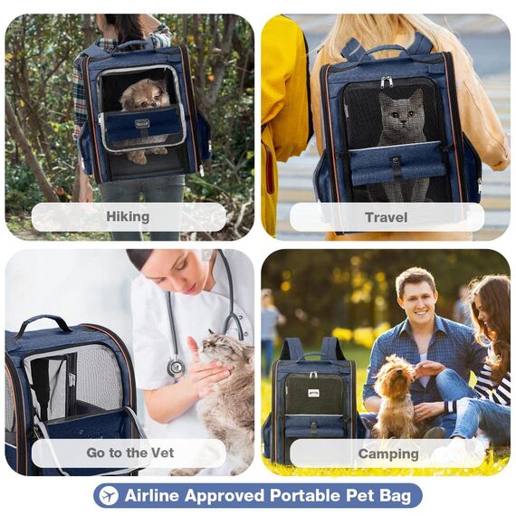 Lekespring Erweiterbar Katzenrucksack Hunderucksack für Katzen Hunde bis 8kg, Groß Katzen Rucksack Faltbare Haustier Rucksack mit Innerer Sicherheitsleine und Haustiermatte, Blau