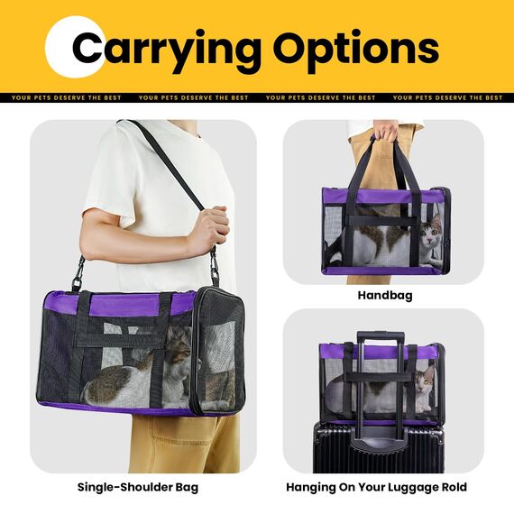Conlun Katzentransportbox,Weiche Katzentransporttasche mit 4-seitigem Netz, Flugzeugtaugliche Katzentasche für Kleine&Mittelgroße Katze Kätzchen Welpen bis 6 Kg, Hundetransportbox Faltbar-M, Lila