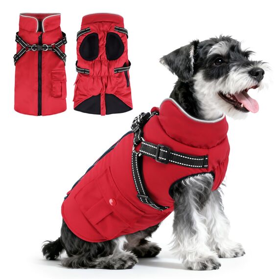 Woiil Hundemantel Hundejacke Wintermantel für Mittelgroße Hunde, Hundemantel Winter mit Geschirr, Hunde Wintermantel Kostüm Ärmellose Baumwolle Gepolsterte Weste Wasserdicht Warme Reflektierend, Rot M