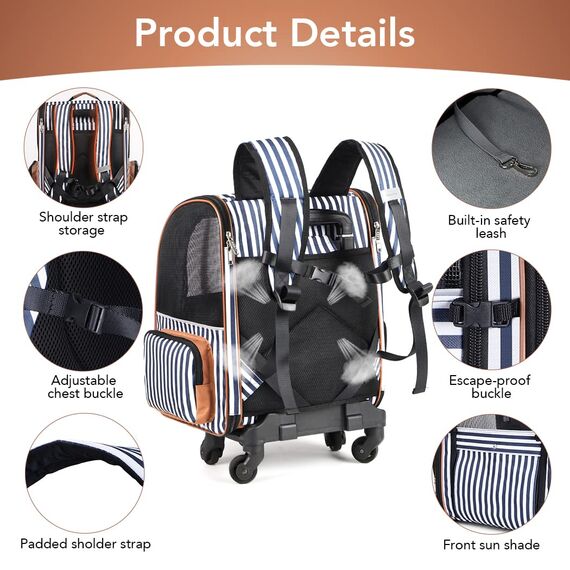 Lekespring Hunderucksack Katzenrucksack mit Trolley 2 in 1 bis 8 kg, Faltbare Hunderucksack Große Transportbox für kleine Hunde, Blau Gestreift-L