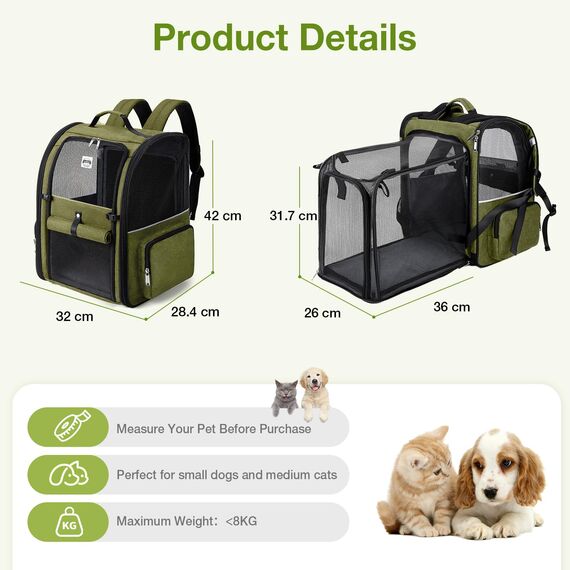Lekespring Erweiterbar Katzenrucksack Hunderucksack für Katzen Hunde bis 8kg, Groß Katzen Rucksack Faltbare Haustier Rucksack, Dunkelgrün