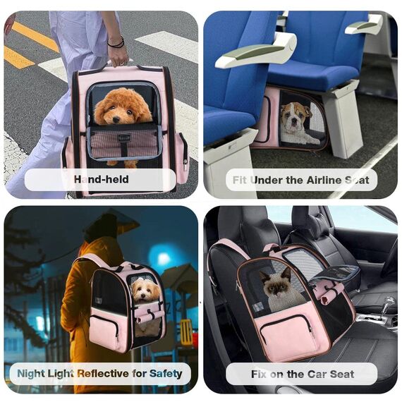 Lekespring Katzen Rucksack Hunderucksack für Große Katzen Hunde bis 12kg, Erweiterbar Faltbare Haustier Rucksack mit Innerer Sicherheitsleine und Haustiermatte, Rosa -XL