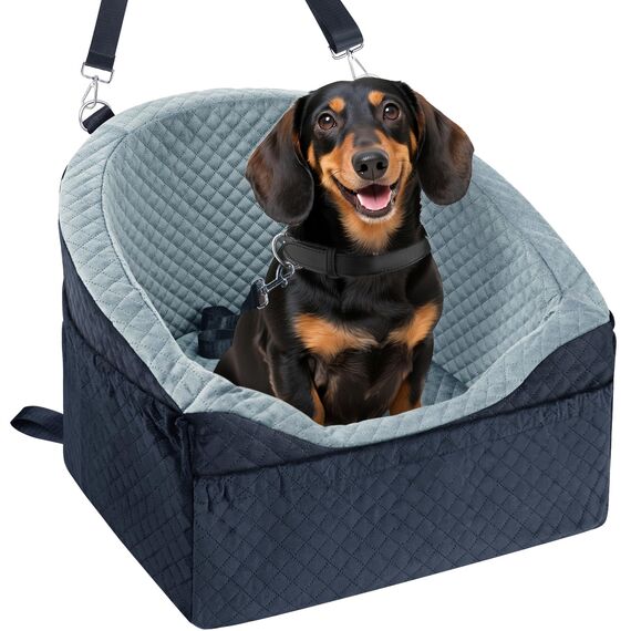 Vivifying Hundeautositz für kleine und mittelgroße Hunde, abnehmbare und waschbare Sitzerhöhung für Haustiere bis zu 11.3KG, Reisebett mit Staufächern und Sicherheitsgurt (Grau)
