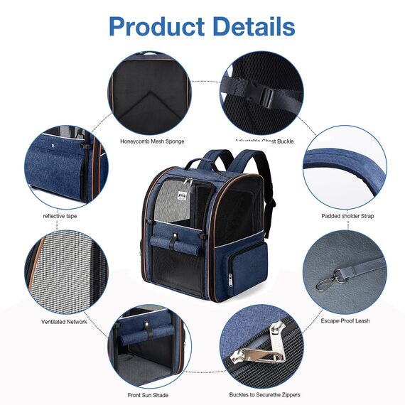 Lekespring Katzen Rucksack Hunderucksack für Große Katzen Hunde bis 12kg, Erweiterbar Faltbare Haustier Rucksack mit Innerer Sicherheitsleine und Haustiermatte, Blau -XL