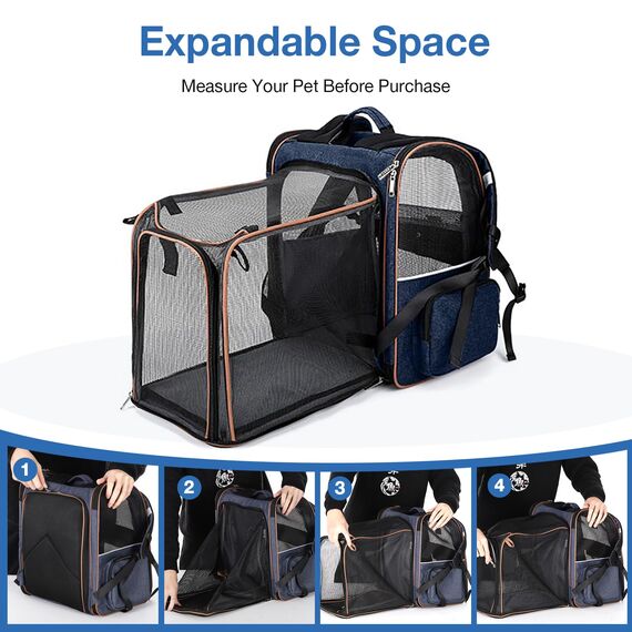 Lekespring Katzen Rucksack Hunderucksack für Große Katzen Hunde bis 12kg, Erweiterbar Faltbare Haustier Rucksack mit Innerer Sicherheitsleine und Haustiermatte, Blau -XL