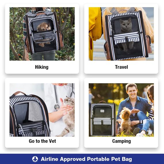 Lekespring Erweiterbar Katzenrucksack Hunderucksack für Katzen Hunde bis 8kg, Groß Katzen Rucksack Faltbare Haustier Rucksack mit Innerer Sicherheitsleine und Haustiermatte, Blau Gestreift