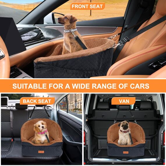Vivifying Hundeautositz für kleine und mittelgroße Hunde, abnehmbare und waschbare Sitzerhöhung für Haustiere bis zu 11.3KG, Reisebett mit Staufächern und Sicherheitsgurt (Braun)