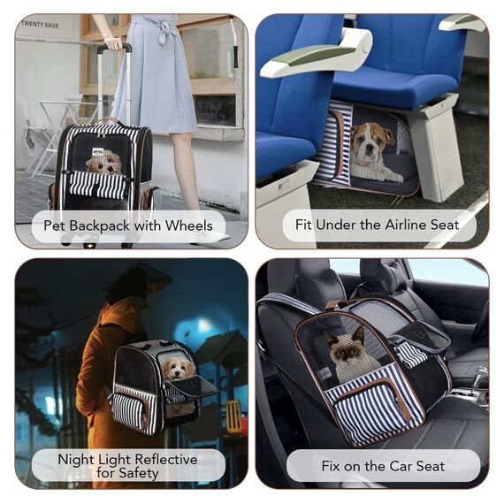Lekespring Hunderucksack Katzenrucksack mit Trolley 2 in 1 bis 8 kg, Faltbare Hunderucksack Große Transportbox für kleine Hunde, Blau Gestreift-L