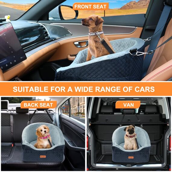 Vivifying Hundeautositz für kleine und mittelgroße Hunde, abnehmbare und waschbare Sitzerhöhung für Haustiere bis zu 11.3KG, Reisebett mit Staufächern und Sicherheitsgurt (Grau)