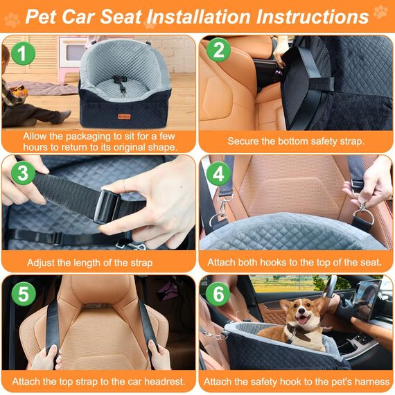 Vivifying Hundeautositz für kleine und mittelgroße Hunde, abnehmbare und waschbare Sitzerhöhung für Haustiere bis zu 11.3KG, Reisebett mit Staufächern und Sicherheitsgurt (Grau)