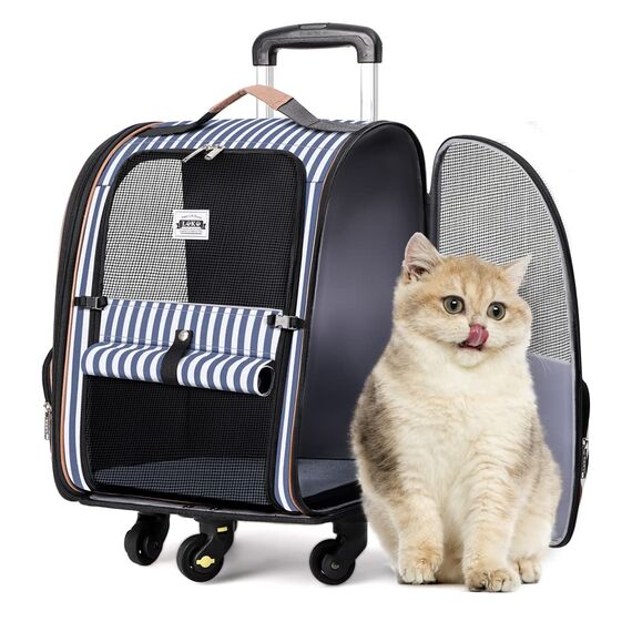 Lekespring Hunderucksack Katzenrucksack mit Trolley 2 in 1 bis 8 kg, Faltbare Hunderucksack Große Transportbox für kleine Hunde, Blau Gestreift-L
