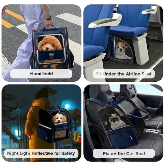 Lekespring Erweiterbar Katzenrucksack Hunderucksack für Katzen Hunde bis 8kg, Groß Katzen Rucksack Faltbare Haustier Rucksack mit Innerer Sicherheitsleine und Haustiermatte, Blau