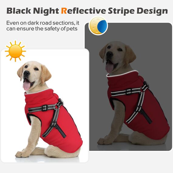 Woiil Hundemantel Hundejacke Wintermantel für Mittelgroße Hunde, Hundemantel Winter mit Geschirr, Hunde Wintermantel Kostüm Ärmellose Baumwolle Gepolsterte Weste Wasserdicht Warme Reflektierend, Rot M