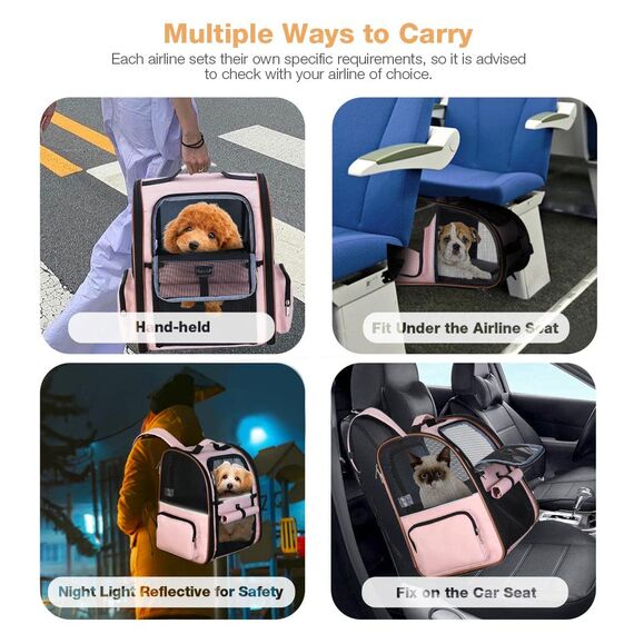Lekespring Erweiterbar Katzenrucksack Hunderucksack für Katzen Hunde bis 8kg, Groß Katzen Rucksack Faltbare Haustier Rucksack mit Innerer Sicherheitsleine und Haustiermatte, Rosa