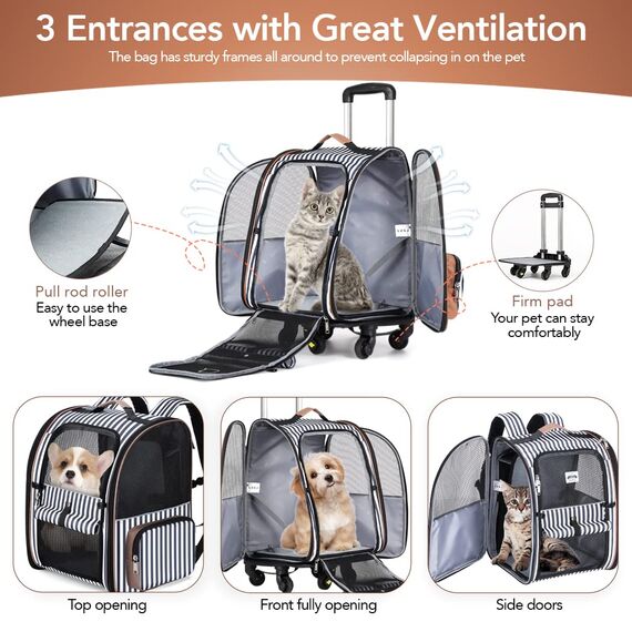 Lekespring Hunderucksack Katzenrucksack mit Trolley 2 in 1 bis 8 kg, Faltbare Hunderucksack Große Transportbox für kleine Hunde, Blau Gestreift-L