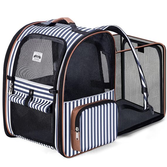 Lekespring Erweiterbar Katzenrucksack Hunderucksack für Katzen Hunde bis 8kg, Groß Katzen Rucksack Faltbare Haustier Rucksack mit Innerer Sicherheitsleine und Haustiermatte, Blau Gestreift