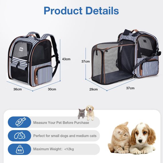 Lekespring Katzen Rucksack Hunderucksack für Große Katzen Hunde bis 12kg, Erweiterbar Faltbare Haustier Rucksack mit Innerer Sicherheitsleine und Haustiermatte, Schlieren -XL