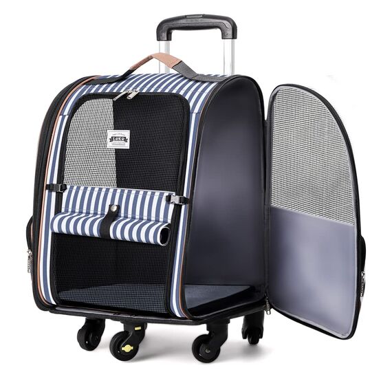 Lekespring Hunderucksack Katzenrucksack mit Trolley 2 in 1 bis 8 kg, Faltbare Hunderucksack Große Transportbox für kleine Hunde, Blau Gestreift-L