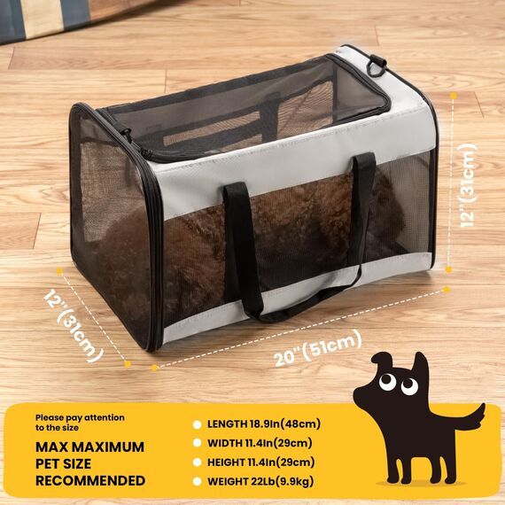 Conlun Hundetransporttasche – Weichwandige Tragetasche mit 4-Seitigem Mesh für Kleine Hunde & Große Katzen bis 9kg, Klappbare Reisetasche mit Atmungsaktivem Design in Größe L-Grau