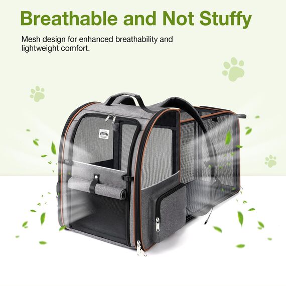 Lekespring Katzen Rucksack Hunderucksack für Große Katzen Hunde bis 12kg, Erweiterbar Faltbare Haustier Rucksack mit Innerer Sicherheitsleine und Haustiermatte, Grau-XL