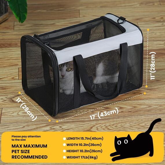 Conlun Katzentransportbox,Weiche Katzentransporttasche mit 4-seitigem Netz, Flugzeugtaugliche Katzentasche für Kleine&Mittelgroße Katze Kätzchen Welpen bis 6 Kg, Hundetransportbox Faltbar-M, Grau