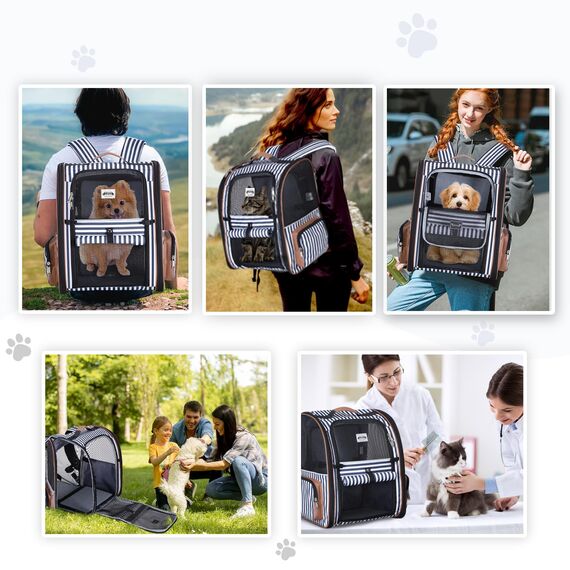 Lekespring Katzen Rucksack Hunderucksack für Große Katzen Hunde bis 12kg, Erweiterbar Faltbare Haustier Rucksack mit Innerer Sicherheitsleine und Haustiermatte, Schlieren -XL