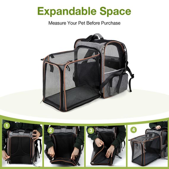 Lekespring Katzen Rucksack Hunderucksack für Große Katzen Hunde bis 12kg, Erweiterbar Faltbare Haustier Rucksack mit Innerer Sicherheitsleine und Haustiermatte, Grau-XL