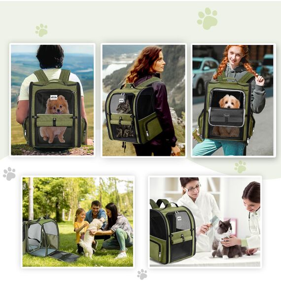 Lekespring Erweiterbar Katzenrucksack Hunderucksack für Katzen Hunde bis 8kg, Groß Katzen Rucksack Faltbare Haustier Rucksack, Dunkelgrün