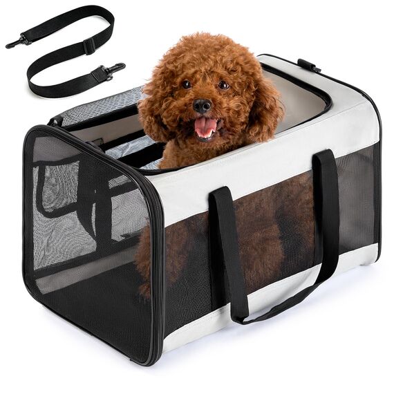 Conlun Hundetransporttasche – Weichwandige Tragetasche mit 4-Seitigem Mesh für Kleine Hunde & Große Katzen bis 9kg, Klappbare Reisetasche mit Atmungsaktivem Design in Größe L-Grau