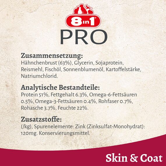 8in1 Pro Fillets Skin und Coat - Hunde-Snack mit Hähnchen, funktionale Leckerlis für ausgewachsene Hunde, angereichert mit Lachsöl, 80g Beutel