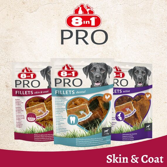 8in1 Pro Fillets Skin und Coat - Hunde-Snack mit Hähnchen, funktionale Leckerlis für ausgewachsene Hunde, angereichert mit Lachsöl, 80g Beutel