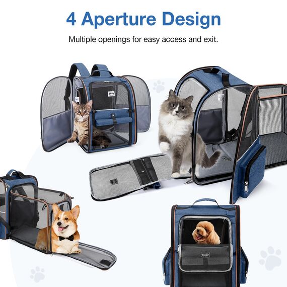 Lekespring Katzen Rucksack Hunderucksack für Große Katzen Hunde bis 12kg, Erweiterbar Faltbare Haustier Rucksack mit Innerer Sicherheitsleine und Haustiermatte, Blau -XL
