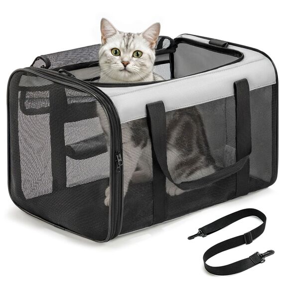 Conlun Katzentransportbox,Weiche Katzentransporttasche mit 4-seitigem Netz, Flugzeugtaugliche Katzentasche für Kleine&Mittelgroße Katze Kätzchen Welpen bis 6 Kg, Hundetransportbox Faltbar-M, Grau