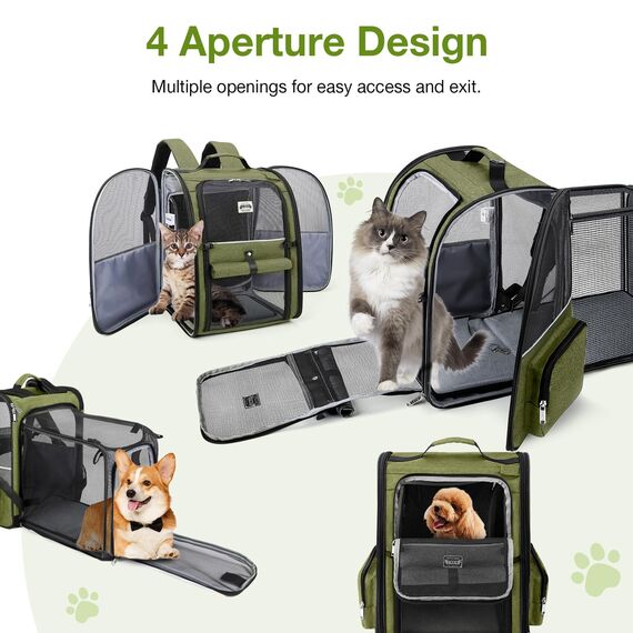 Lekespring Erweiterbar Katzenrucksack Hunderucksack für Katzen Hunde bis 8kg, Groß Katzen Rucksack Faltbare Haustier Rucksack, Dunkelgrün
