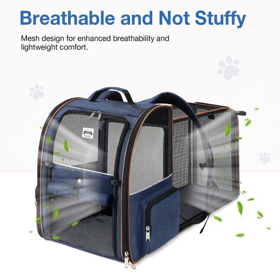 Lekespring Katzen Rucksack Hunderucksack für Große Katzen Hunde bis 12kg, Erweiterbar Faltbare Haustier Rucksack mit Innerer Sicherheitsleine und Haustiermatte, Blau -XL