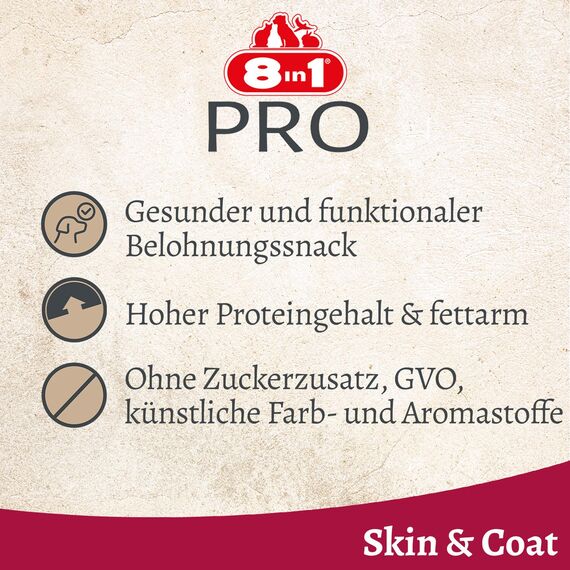 8in1 Pro Fillets Skin und Coat - Hunde-Snack mit Hähnchen, funktionale Leckerlis für ausgewachsene Hunde, angereichert mit Lachsöl, 80g Beutel