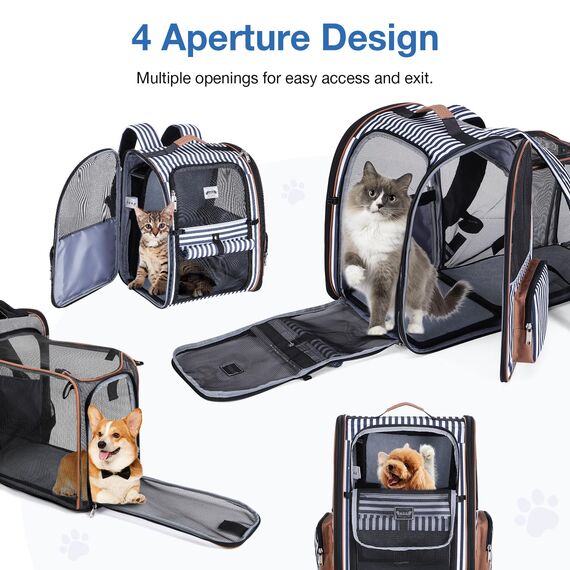 Lekespring Katzen Rucksack Hunderucksack für Große Katzen Hunde bis 12kg, Erweiterbar Faltbare Haustier Rucksack mit Innerer Sicherheitsleine und Haustiermatte, Schlieren -XL