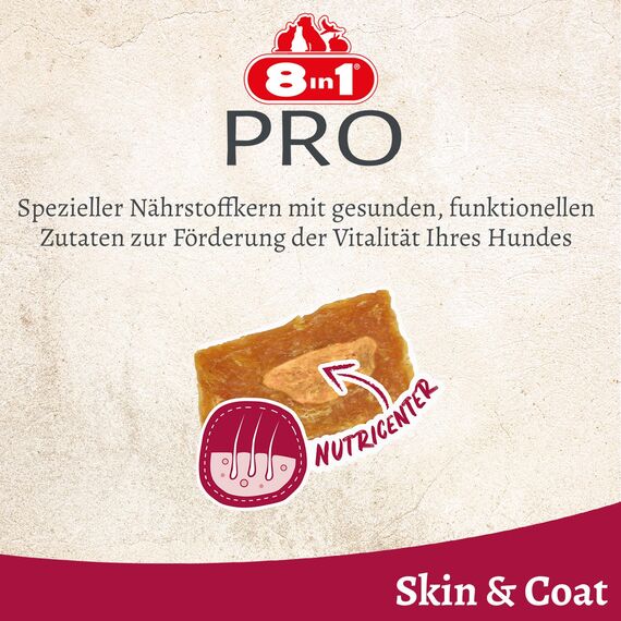 8in1 Pro Fillets Skin und Coat - Hunde-Snack mit Hähnchen, funktionale Leckerlis für ausgewachsene Hunde, angereichert mit Lachsöl, 80g Beutel