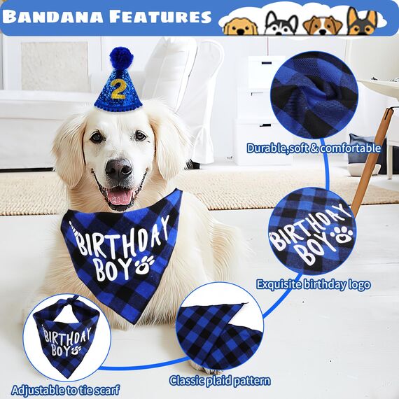 Hunde Geburtstag Hut Bandana Set, 3 Stücke Hunde Geburtstags Bandana Mütze mit 8 Bling Nummern, Hundegeburtstagsgeschenk, Hund Geburtstag Deko (Blau)