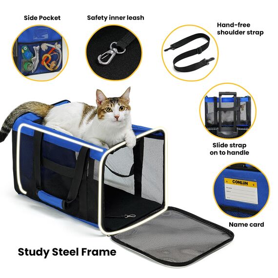 Conlun Katzentransportbox,Weiche Katzentransporttasche mit 4-seitigem Netz, Flugzeugtaugliche Katzentasche für Kleine&Mittelgroße Katze Kätzchen Welpen bis 6 Kg, Hundetransportbox Faltbar-M, Blau