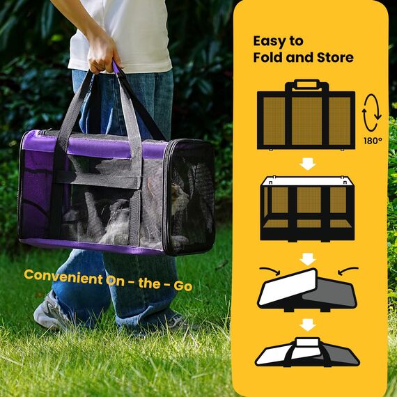Conlun Katzentransportbox,Weiche Katzentransporttasche mit 4-seitigem Netz, Flugzeugtaugliche Katzentasche für Kleine&Mittelgroße Katze Kätzchen Welpen bis 6 Kg, Hundetransportbox Faltbar-M, Lila