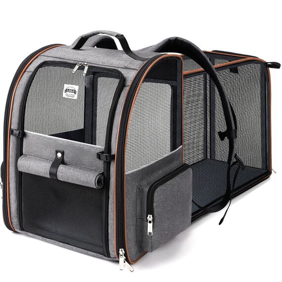 Lekespring Katzen Rucksack Hunderucksack für Große Katzen Hunde bis 12kg, Erweiterbar Faltbare Haustier Rucksack mit Innerer Sicherheitsleine und Haustiermatte, Grau-XL